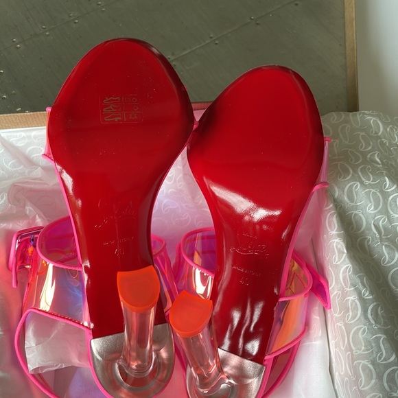Christian Louboutin loubi duniss 100mm pink neon pvc pump peep toe sandal sz 40 - Picture 9 of 12